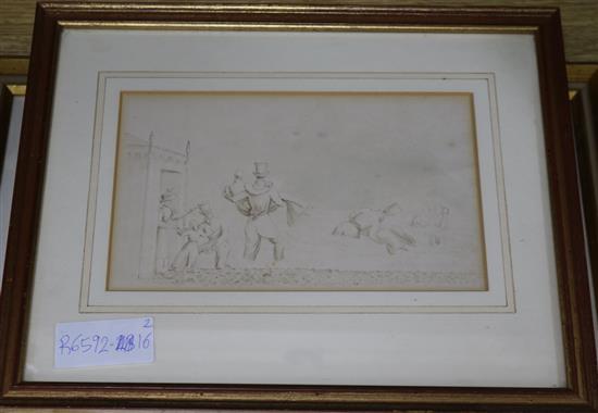 Early 19th century English School, pen and ink, bathers beside a beach hut, 12 x 20cm and a sketch of Turks,